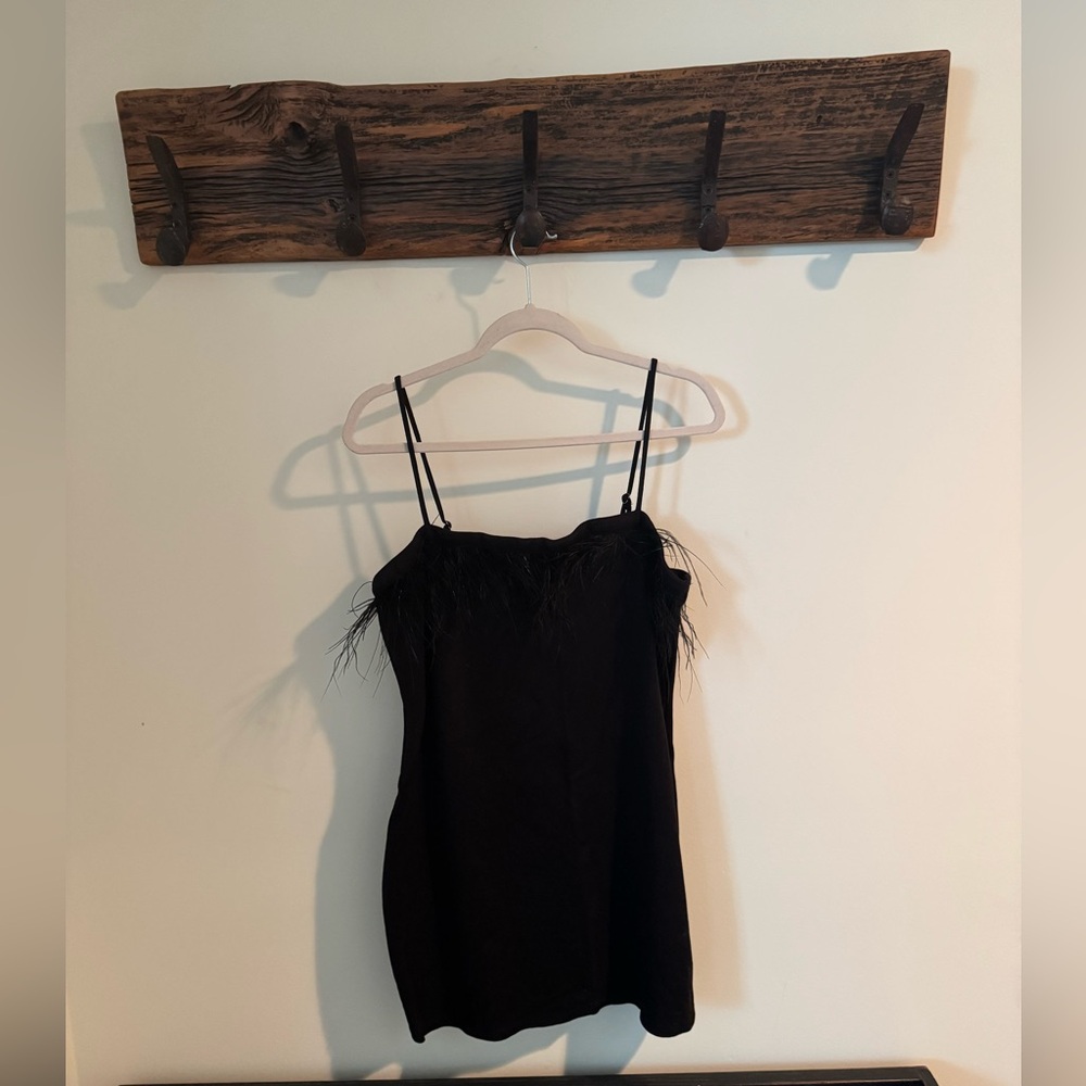 Black Feather Trim Mini Dress - Picture 4 of 7